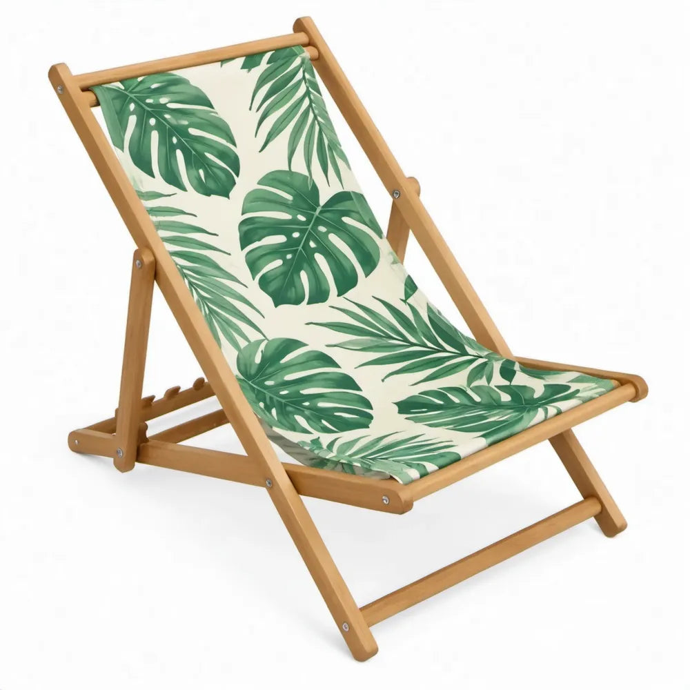 Verstelbare houten strandstoel met groene bladprint op crèmekleurige ondergrond, 98 x 58 x 65 cm