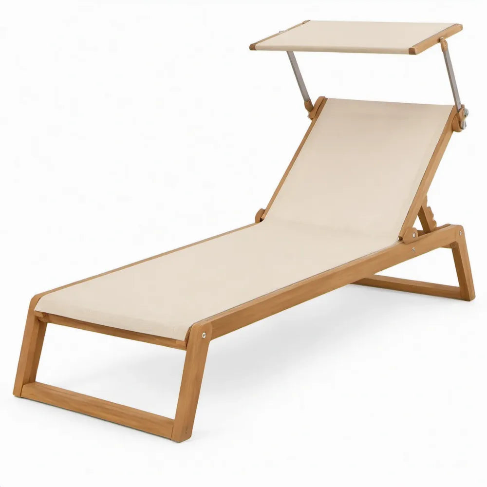 Verstelbaar houten ligbed met zonnedak, 200 x 65 x 33 cm, beige en naturelbruin