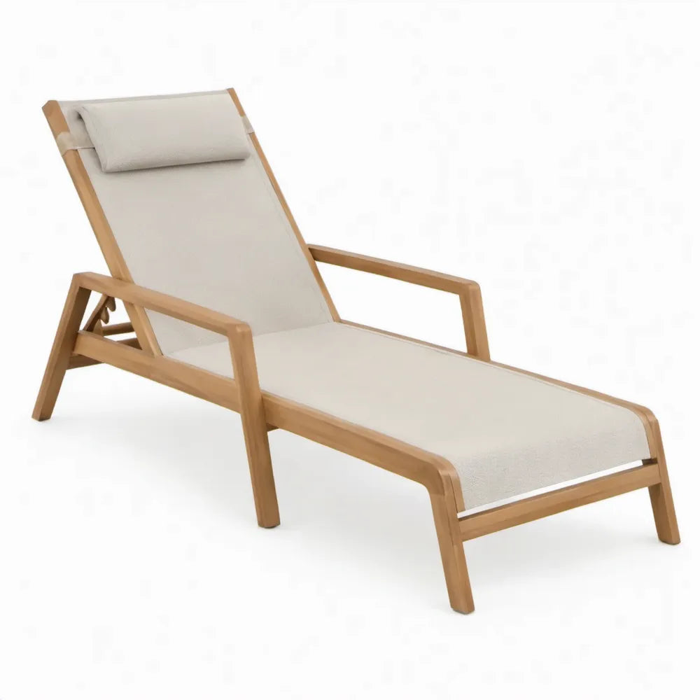 Verstelbaar acaciahouten ligbed met armleuningen en hoofdkussen, 200 x 70 x 35 cm, beige
