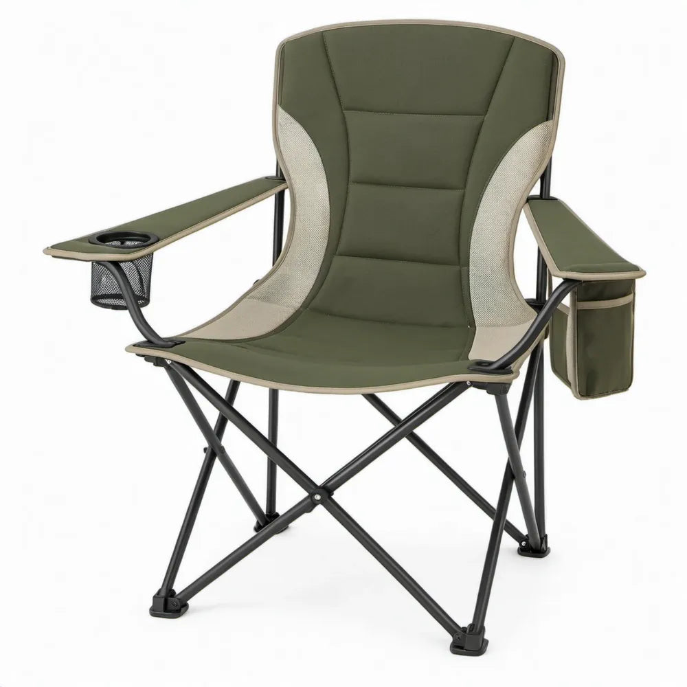 Opvouwbare campingstoel met hoge rugleuning, bekerhouder en zijtas, 60 x 60 x 95 cm, groen/beige