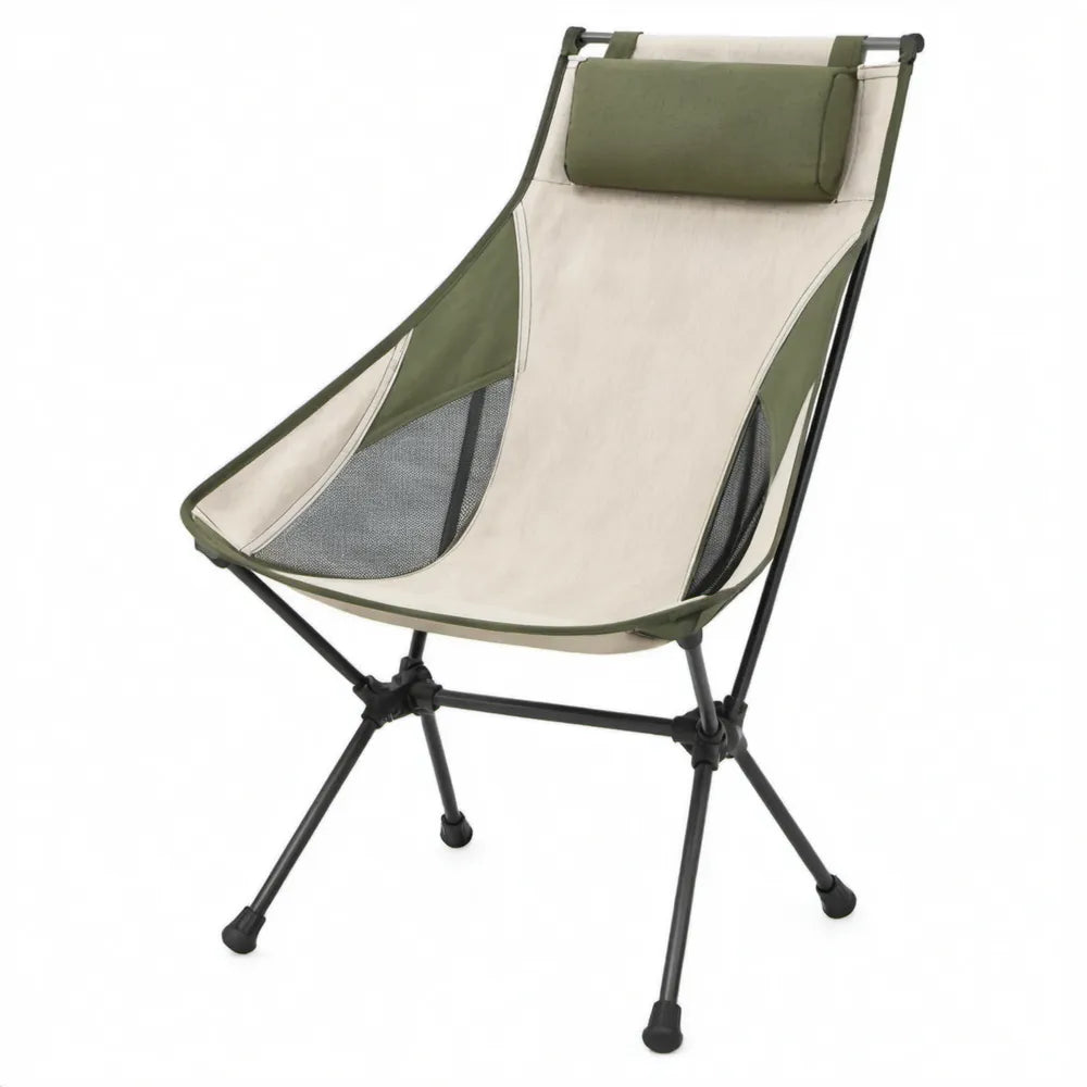Opvouwbare campingstoel met hoofdsteun, 65 x 58 x 92 cm, crème/olijfgroen/zwart