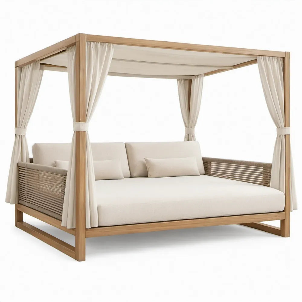 Tuinhemelbed met gordijnen 200 x 160 x 200 cm van massief acaciahout in naturelbruin, beige en taupe