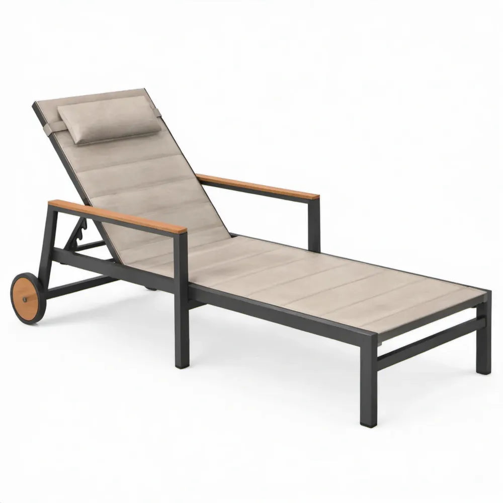 Verstelbaar ligbed met wielen en hoofdkussen 200 x 65 x 35 cm beige, zwart en naturel bruin