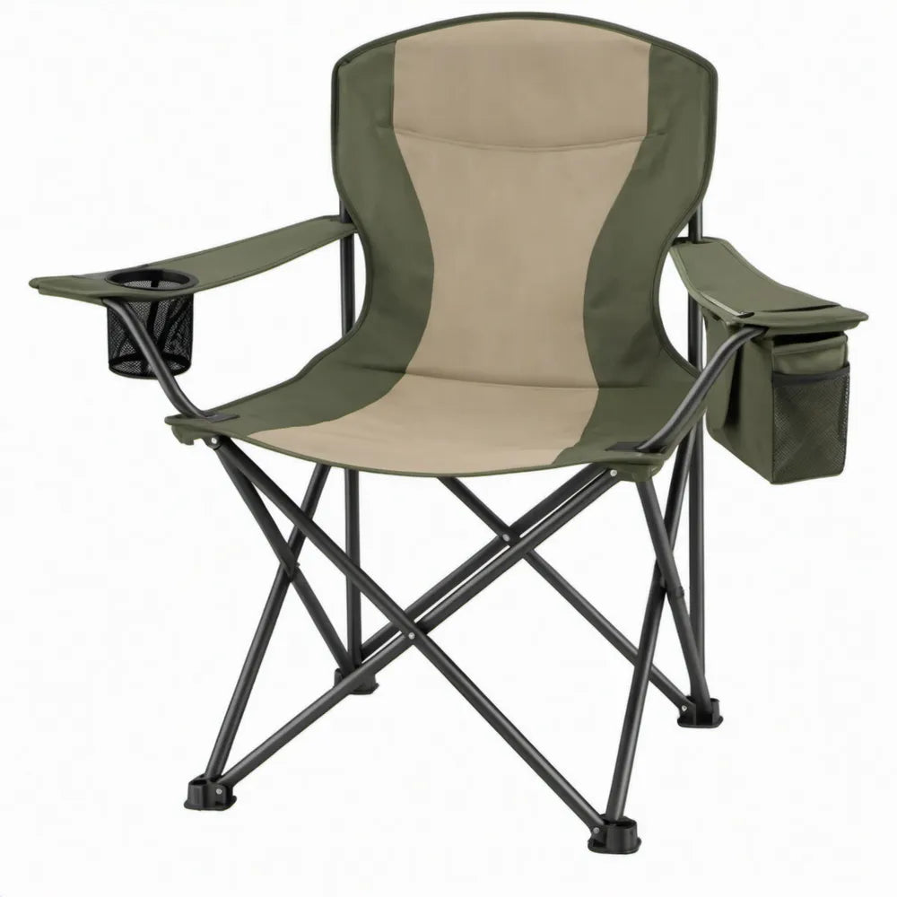 Inklapbare campingstoel groen/beige met zwarte stalen frame, armleuningen, bekerhouder en opbergvak, 60 x 60 x 100 cm