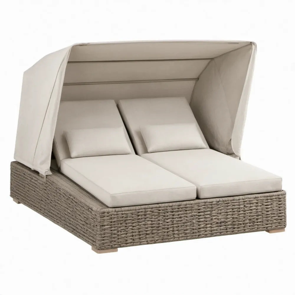 Tweepersoons ligbed met verstelbare rugleuningen en opklapbaar zonnescherm, 200 x 140 x 165 cm, Taupe/Crème