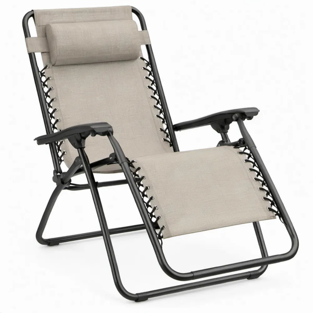 Inklapbare verstelbare zero-gravity ligstoel met hoofdsteun, 90 x 65 x 110 cm, beige/zwart