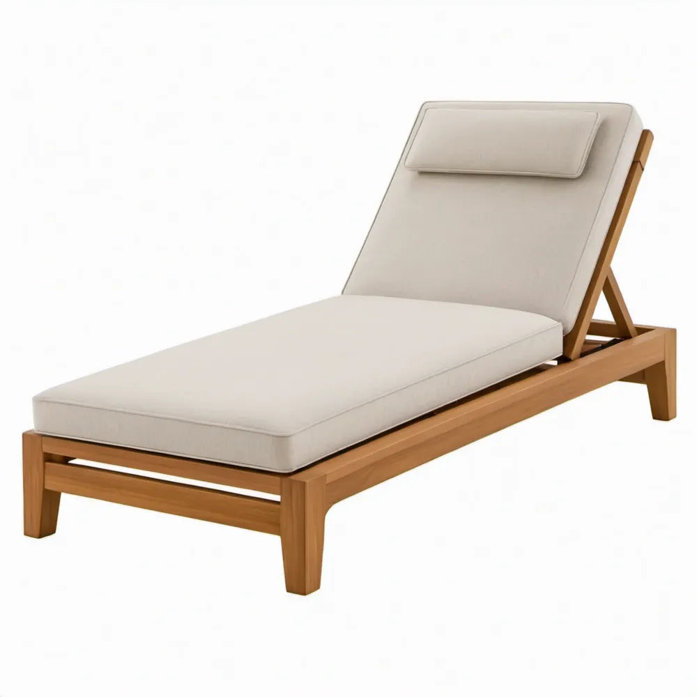 Verstelbaar ligbed van massief acaciahout met beige polyester kussens, 200 x 70 x 35 cm