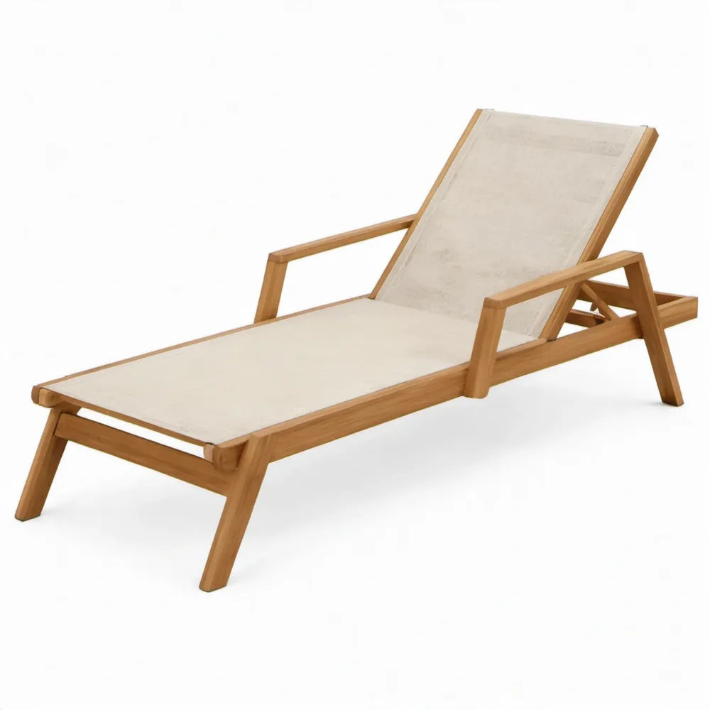 Verstelbaar teakhouten ligbed met beige polyester canvas, 200 x 70 x 35 cm