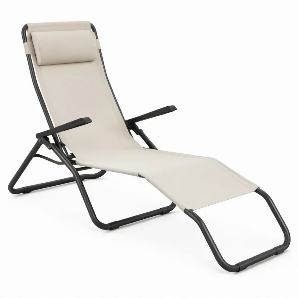 Inklapbare verstelbare ligstoel met hoofdsteun, 165 x 65 x 95 cm, Beige/Zwart