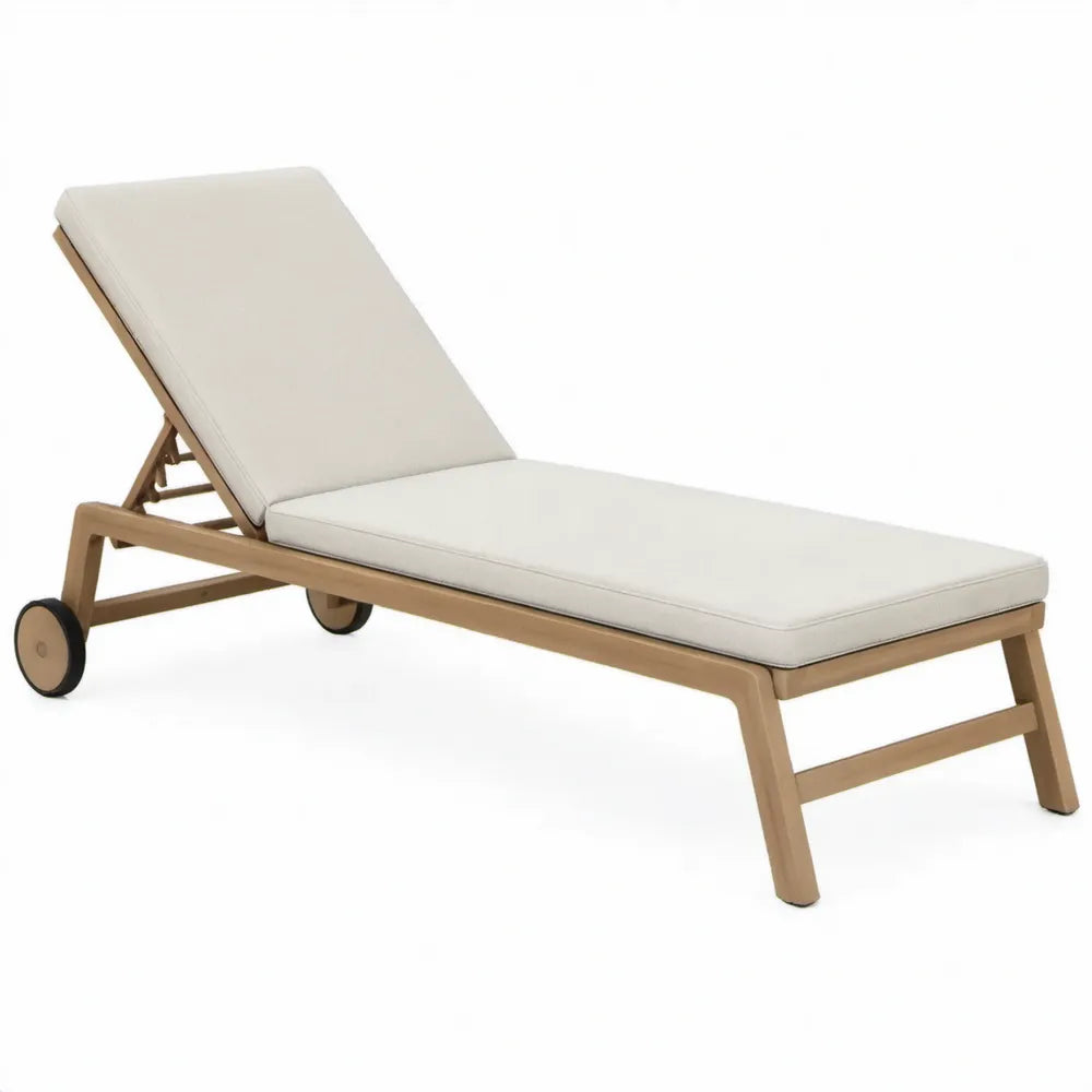 Acaciahouten ligbed met wielen en verstelbare rugleuning, 200 x 65 x 35 cm, lichtbruin/beige