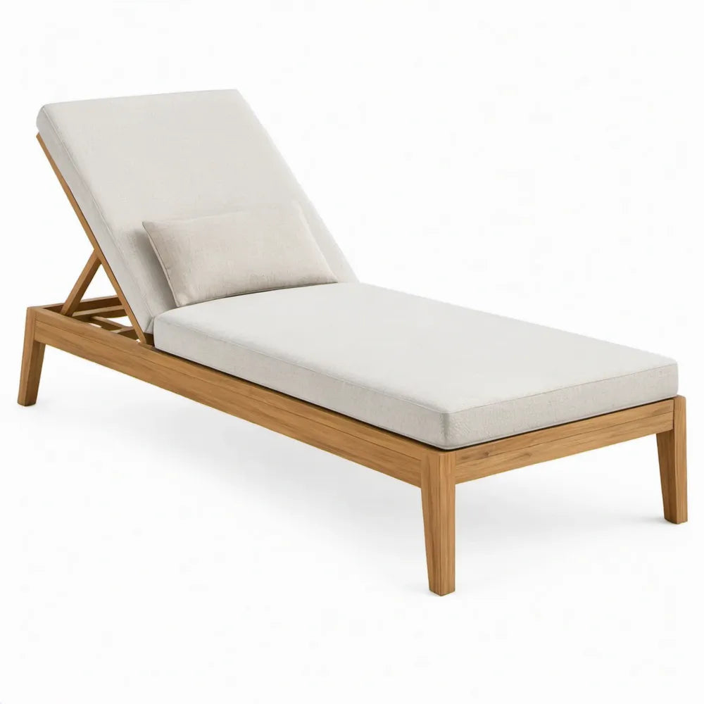Verstelbaar teakhouten ligbed met crèmekleurige polyester kussens, 200 x 70 x 35 cm