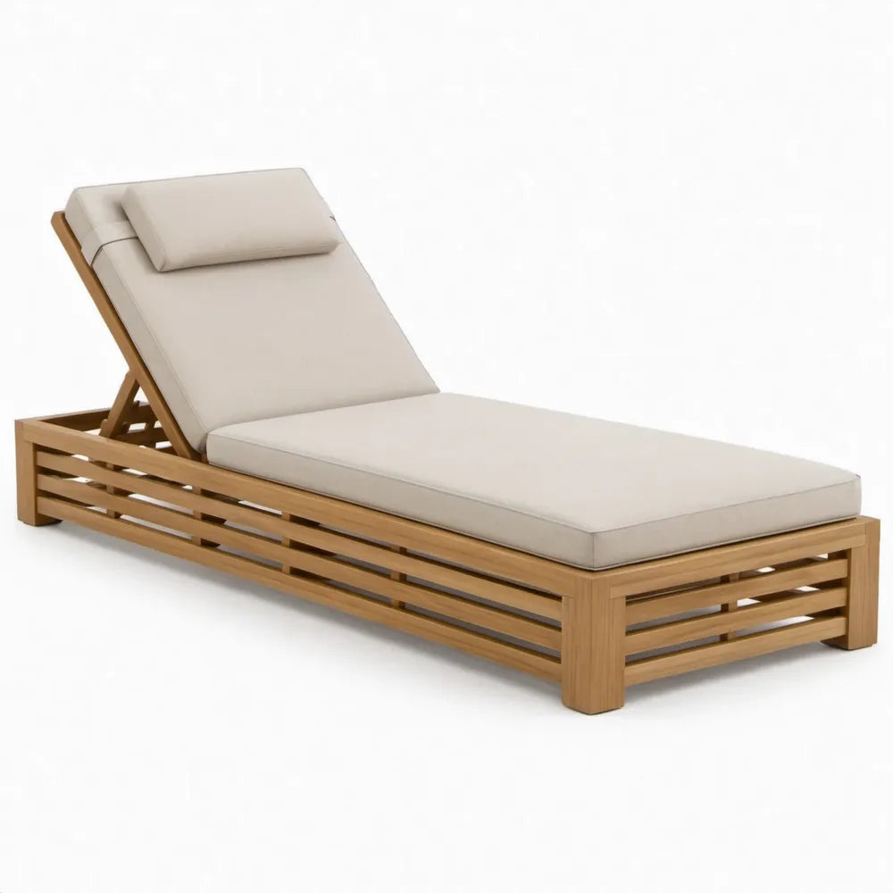 Verstelbaar ligbed met kussens 200 x 70 x 35 cm in naturel acaciahout en crème