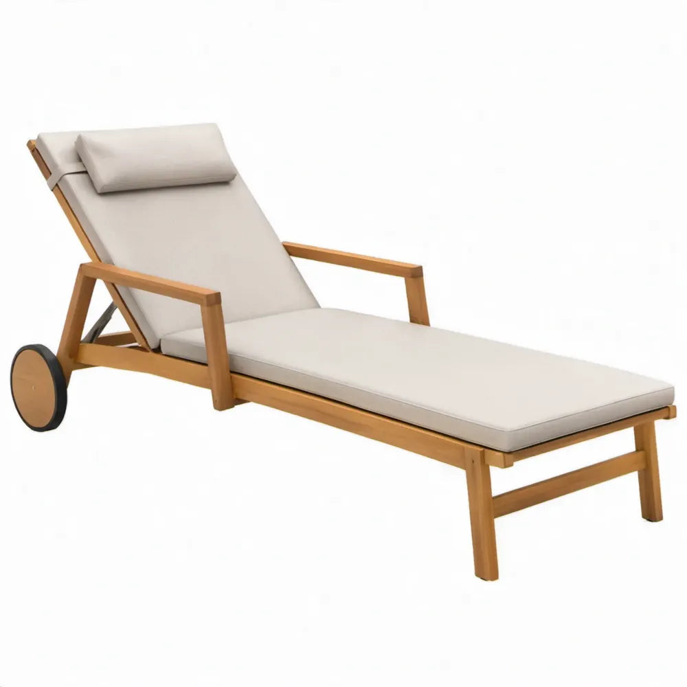 Verstelbare houten ligstoel met wielen en beige kussens 200 x 70 x 95 cm