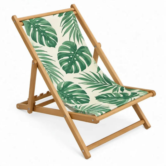 Verstelbare houten strandstoel met groene bladprint op crèmekleurige ondergrond, 98 x 58 x 65 cm