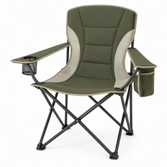 Opvouwbare campingstoel met hoge rugleuning, bekerhouder en zijtas, 60 x 60 x 95 cm, groen/beige