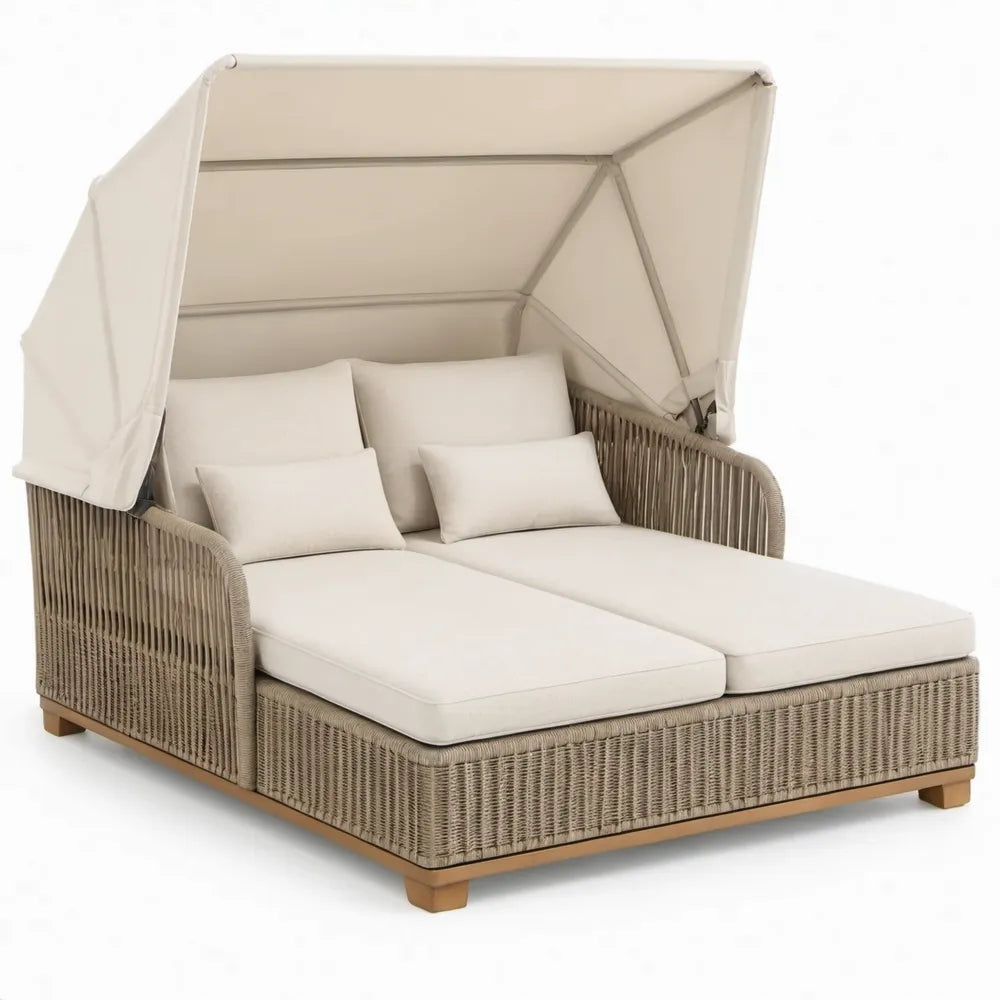 Tweepersoonsligbed met opklapbaar zonnedak, 200 x 160 x 200 cm, beige/lichtbruin, PE-rattan en aluminium