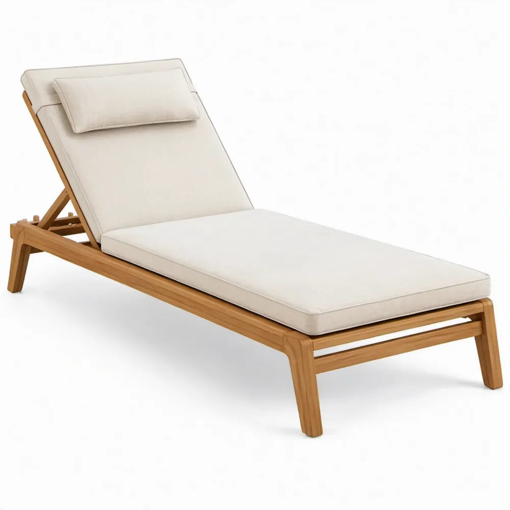Verstelbaar teakhouten ligbed met crèmekleurig kussen en hoofdkussen, 200 x 70 x 35 cm