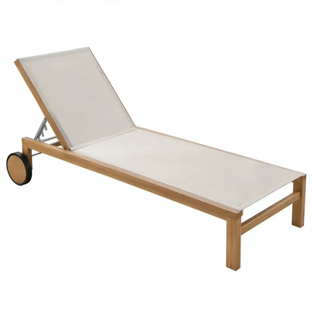 Verstelbaar houten ligbed met wielen, crèmekleurig, 200 x 65 x 30 cm