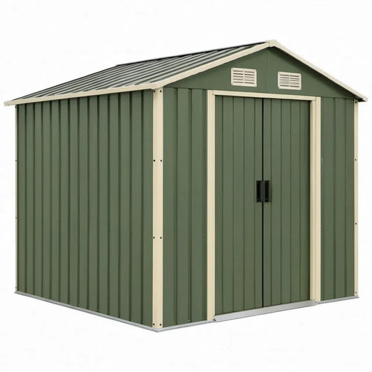 Metalen opbergschuur met dubbele schuifdeur, 257 x 202 x 181 cm, groen/crème