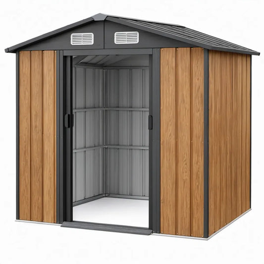 Metalen tuinhuis 213 x 130 x 185 cm met dubbele schuifdeur, houtlook bruin en antraciet