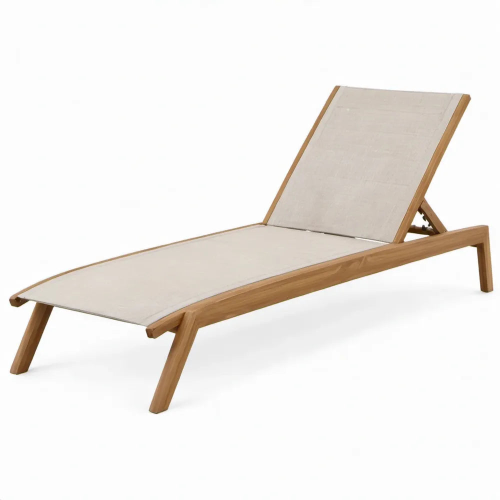 Verstelbaar teakhouten ligbed met beige textilene, 200 x 65 x 35 cm
