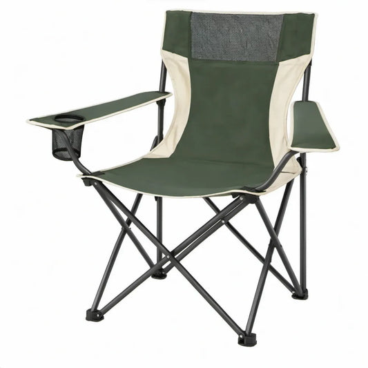 Opvouwbare campingstoel met bekerhouder en zijvak, 90 x 60 x 100 cm, donkergroen/crème/zwart