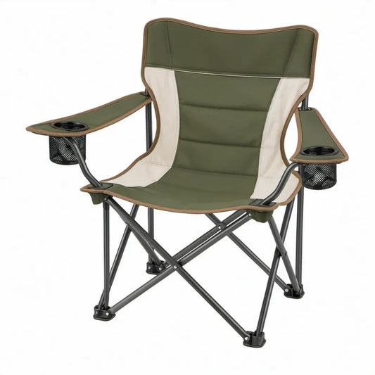 Opvouwbare campingstoel met armleuningen, 2 bekerhouders en opbergnetten, 90 x 60 x 100 cm, Olijfgroen/Beige/Zwart