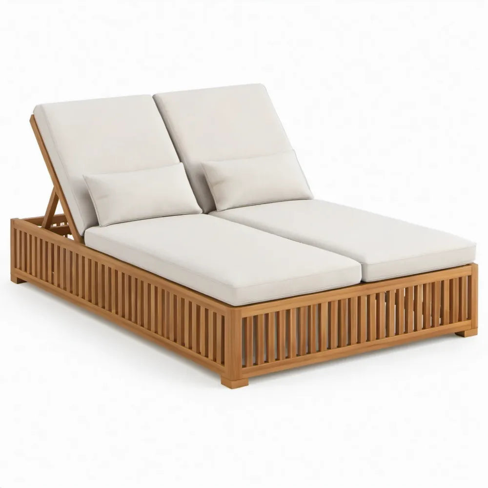 Dubbel ligbed van acaciahout met verstelbare rugleuningen, 200 x 140 cm, naturel/crème