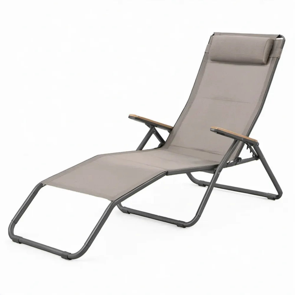 Verstelbare ligstoel met hoofdsteun, taupe, antraciet en naturel bruin, 190 x 60 x 95 cm