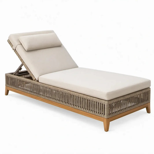 Verstelbaar buitenligbed 200 x 75 x 35 cm in beige en naturelbruin met acaciahout en gevlochten touw